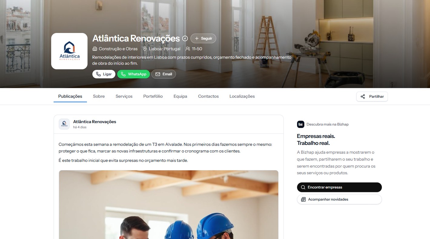 Página de publicações da Atlântica Renovações na bizhap, com posts sobre a empresa e o negócio
